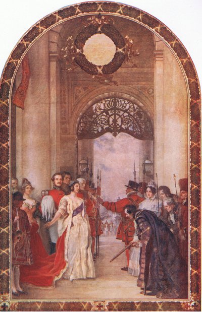 Inauguración de la Bolsa Real por la Reina Victoria, de Cassells Historia del Pueblo Británico publicada por la Waverley Book Company Limited, c.1940 de Robert Walker Macbeth